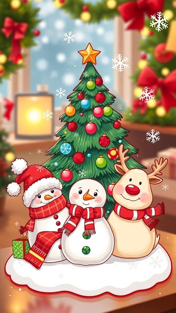 A Kawaii Christmas card with a snowman, reindeer, and Christmas tree, decorated with colorful elements.